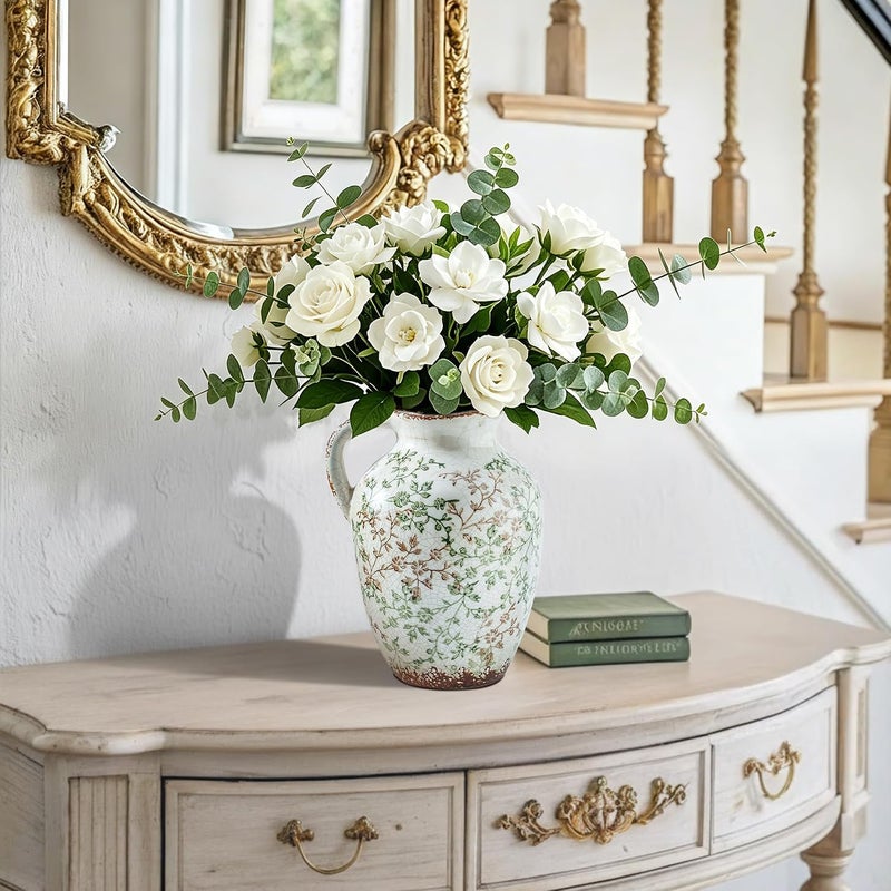 Enra Smooth joint Enra Vintage vase,Ceramic Chinoiserie Floral Vase,Green and Beige Decorative Flower vase,Large Rustic Vases for Home Decors, Living Room, Bookshelf, Office，9.7 inch Budget friendly trendy design - Image 5