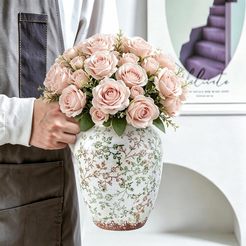 Enra Smooth joint Enra Vintage vase,Ceramic Chinoiserie Floral Vase,Green and Beige Decorative Flower vase,Large Rustic Vases for Home Decors, Living Room, Bookshelf, Office，9.7 inch Budget friendly trendy design - Image 4