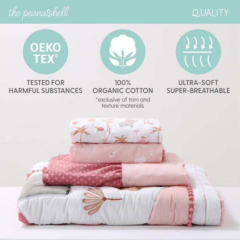 The Peanut Shell The Peanutshell 4 Piece Organic Cotton Baby Crib Bedding Set for Girls - Newborn, Infant & Toddler Nursery Bed Set Decor with Two Crib Sheets, Dust Ruffle Comforter - Safari Oasis - Image 3