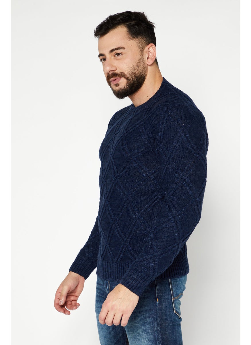 Sorbino - Men Crew Neck Knitted Long Sleeves Sweater, Navy - Image 1