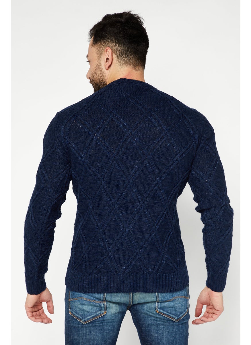 Sorbino - Men Crew Neck Knitted Long Sleeves Sweater, Navy - Image 1