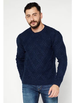 Men Crew Neck Knitted Long Sleeves Sweater, Navy