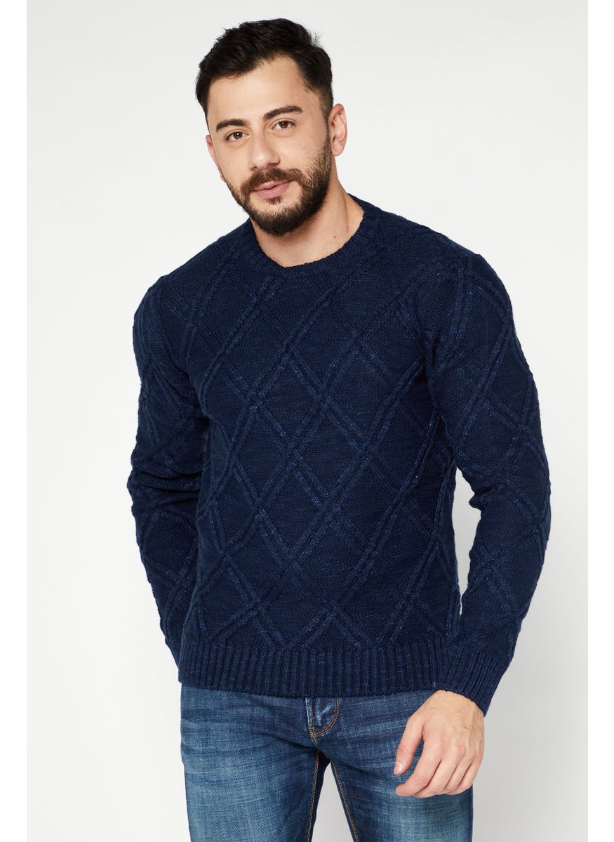Sorbino - Men Crew Neck Knitted Long Sleeves Sweater, Navy - Image 1