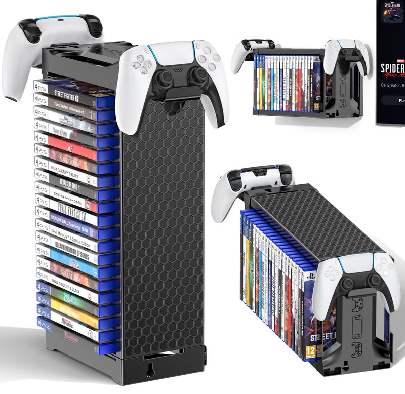 Kytok Video Game Storage Tower Holder with Controller Stand Wall Mount Game Organizers and Storage for Nintendo Switch 2 PS54 XboxOneSeries Vertical Horizontal Stand for 20 Gaming Discs Accessories - Image 2