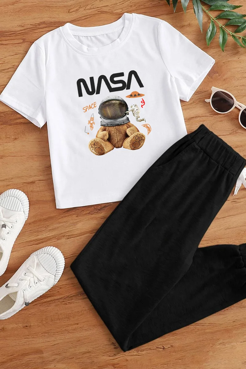 ONLYTRENDWEAR Kids Nasabear Bottom - Top Tracksuit Set 3-4 Years Old White