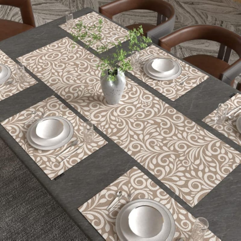 ART MOOD HOME Cran Leaf Placemats Set Canvas Beige x Blue 45W x 30L 35W x 140L CM