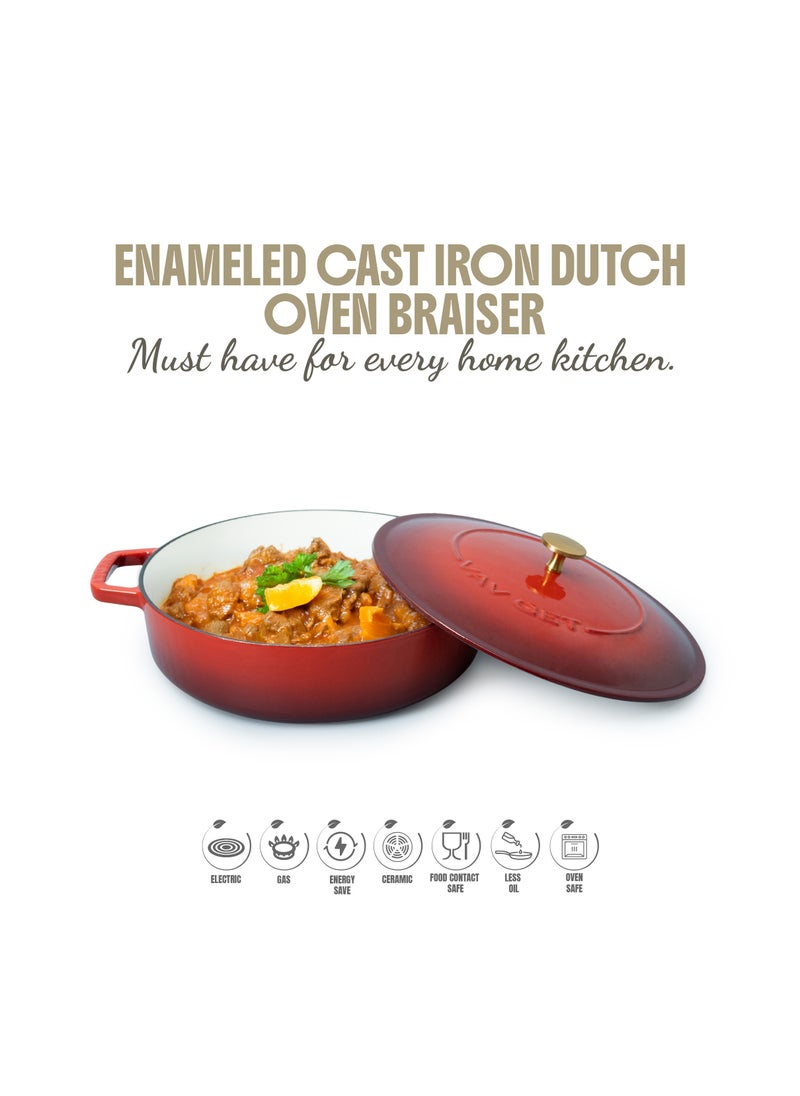 VAV Healthy and Safe, Non-Stick Cookware, Enameled Cast Iron Dutch Oven Braiser Pan, 28cm / 3.79L – Red  - Image 5