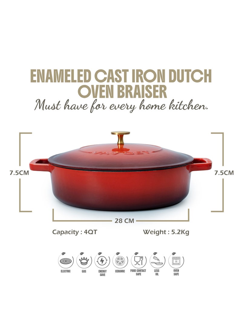 VAV Healthy and Safe, Non-Stick Cookware, Enameled Cast Iron Dutch Oven Braiser Pan, 28cm / 3.79L – Red  - Image 3