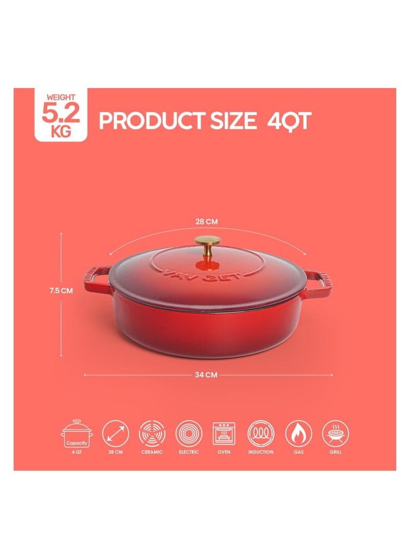 VAV Healthy and Safe, Non-Stick Cookware, Enameled Cast Iron Dutch Oven Braiser Pan, 28cm / 3.79L – Red - Image 2