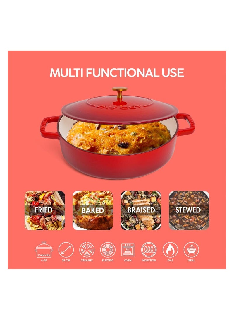 VAV Healthy and Safe, Non-Stick Cookware, Enameled Cast Iron Dutch Oven Braiser Pan, 28cm / 3.79L – Red - Image 3