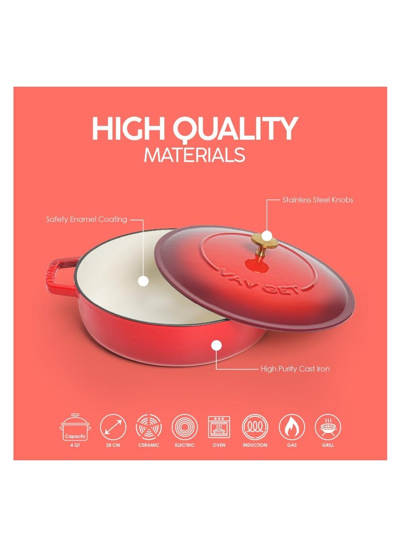 VAV Healthy and Safe, Non-Stick Cookware, Enameled Cast Iron Dutch Oven Braiser Pan, 28cm / 3.79L – Red - Image 5