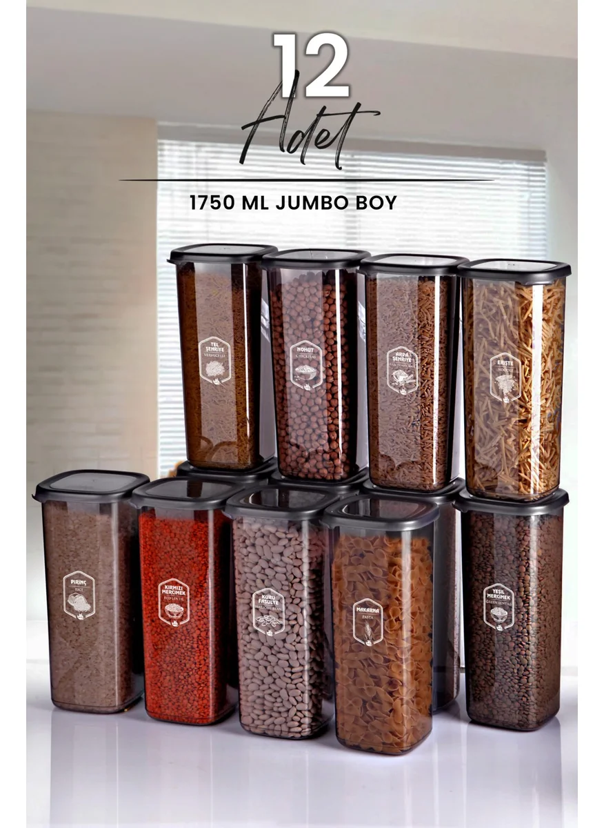 Kitchen Life 12-Piece Jumbo Size Labeled Square Food Storage Container Set 1750 ml - Hard Lid Large Jar