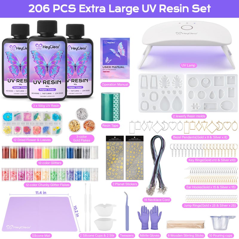 HeyClear UV Resin Molds Jewelry Making Kit with Light -300g Super Clear, Hard, Low Odor, Premixed and Fast Curing for Keychains, Earrings, DIY Craft Decorations - Image 2