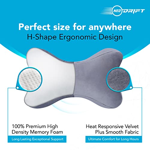 Neodrift ‘NeckBone’ - Neck Rest Cushion Orthopedic Velvet Memory Foam Pillow for Neck, Head, Shoulder Support - Pain Relief for Car, Set of 2 (Colour-Gray) - Image 2