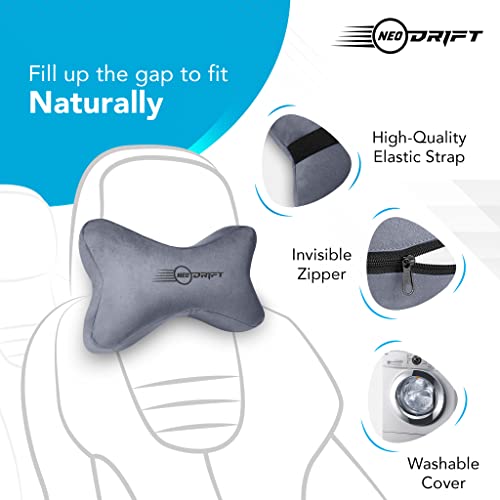 Neodrift ‘NeckBone’ - Neck Rest Cushion Orthopedic Velvet Memory Foam Pillow for Neck, Head, Shoulder Support - Pain Relief for Car, Set of 2 (Colour-Gray) - Image 3