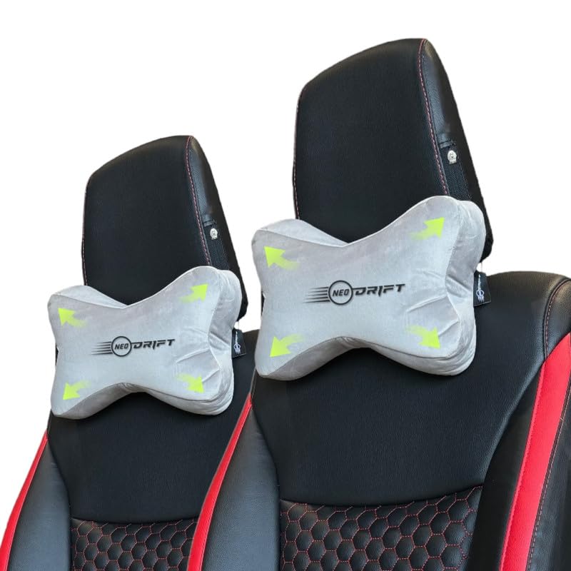 Neodrift ‘NeckBone’ - Neck Rest Cushion Orthopedic Velvet Memory Foam Pillow for Neck, Head, Shoulder Support - Pain Relief for Car, Set of 2 (Colour-Gray) - Image 1
