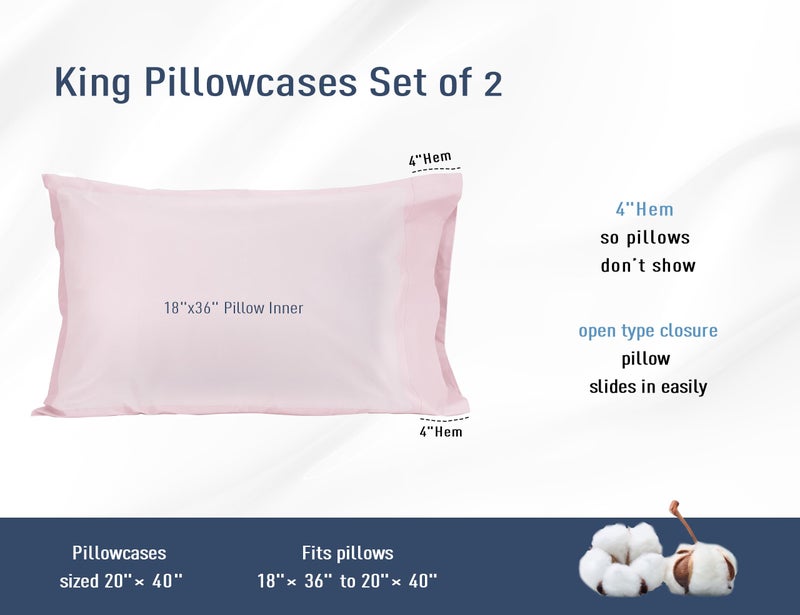 HOMTEC Cotton Pillow Cases King Size Set of 2  20 by 40 inches King Pillow Cases  Light Pink King Pillow Cases  King Pillowcases Cotton Percale Weave Pre-Shrunk Breathable and Hypoallergenic - Image 3