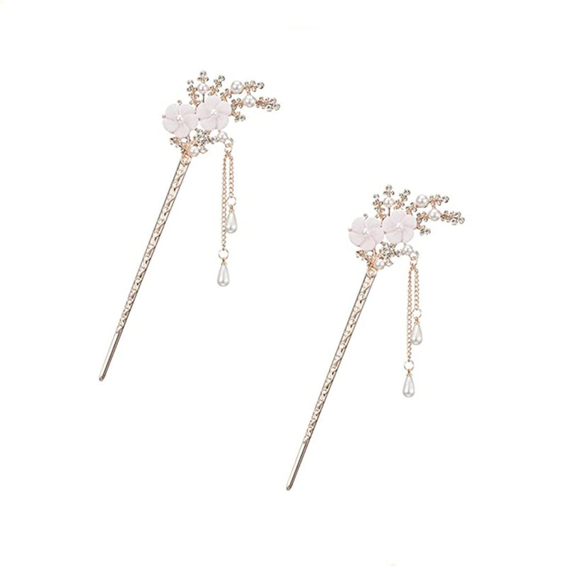 Rhinestone Pearl Flower Hair Stick 2PC Chinese Tassel Hairpins Vintage Crystal Pearl Hair Stick Headdress Pearl Tassel Hair Stick Chinese Style Hairpin for Women