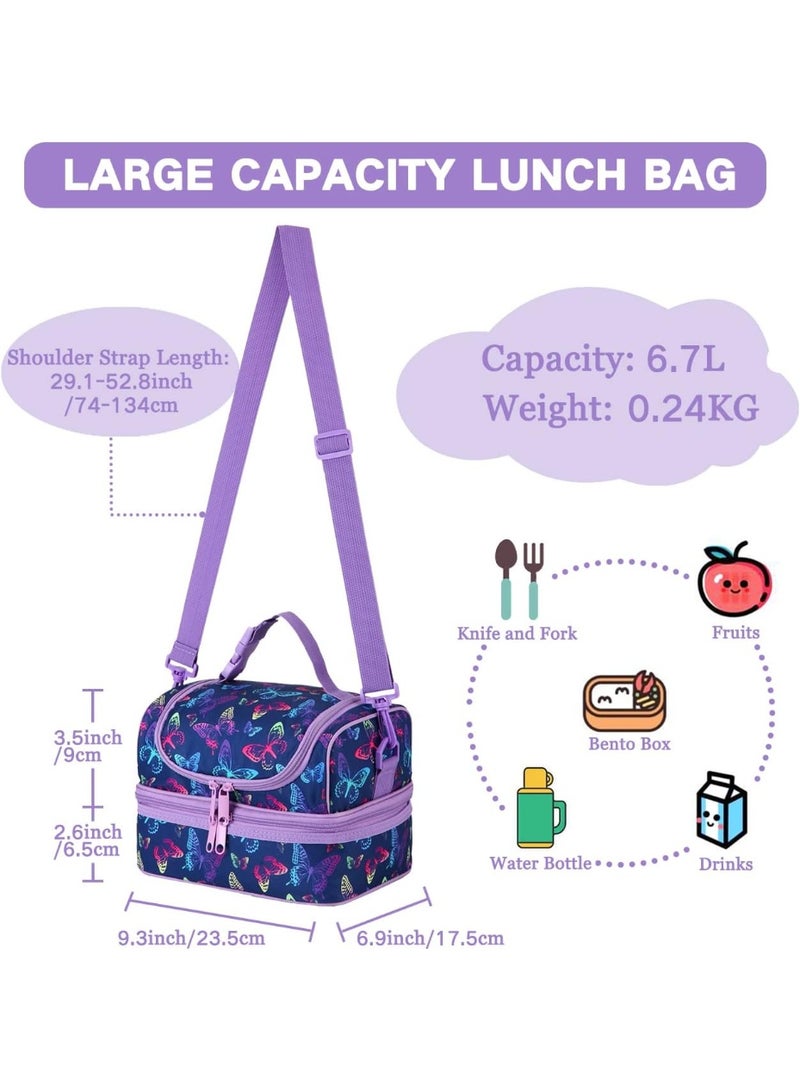 VASCHY Lunch Box Bag Kids, Insulated Two Compartments Cooler Bags for Boys Girls w Shoulder Strap for School,Daycare,Kindergarten Purple Butterfly - Image 2