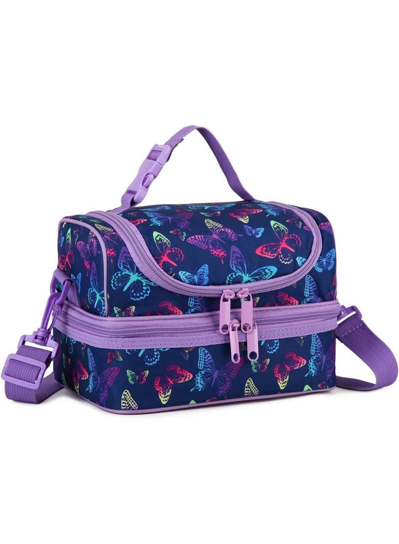 VASCHY Lunch Box Bag Kids, Insulated Two Compartments Cooler Bags for Boys Girls w Shoulder Strap for School,Daycare,Kindergarten Purple Butterfly - Image 1