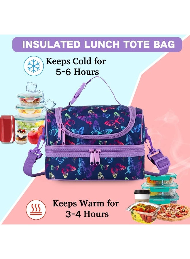 VASCHY Lunch Box Bag Kids, Insulated Two Compartments Cooler Bags for Boys Girls w Shoulder Strap for School,Daycare,Kindergarten Purple Butterfly - Image 4