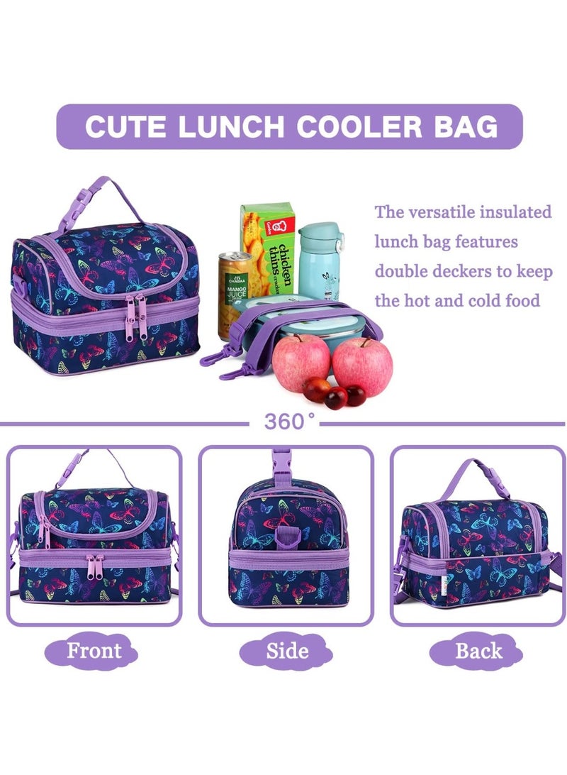 VASCHY Lunch Box Bag Kids, Insulated Two Compartments Cooler Bags for Boys Girls w Shoulder Strap for School,Daycare,Kindergarten Purple Butterfly - Image 5