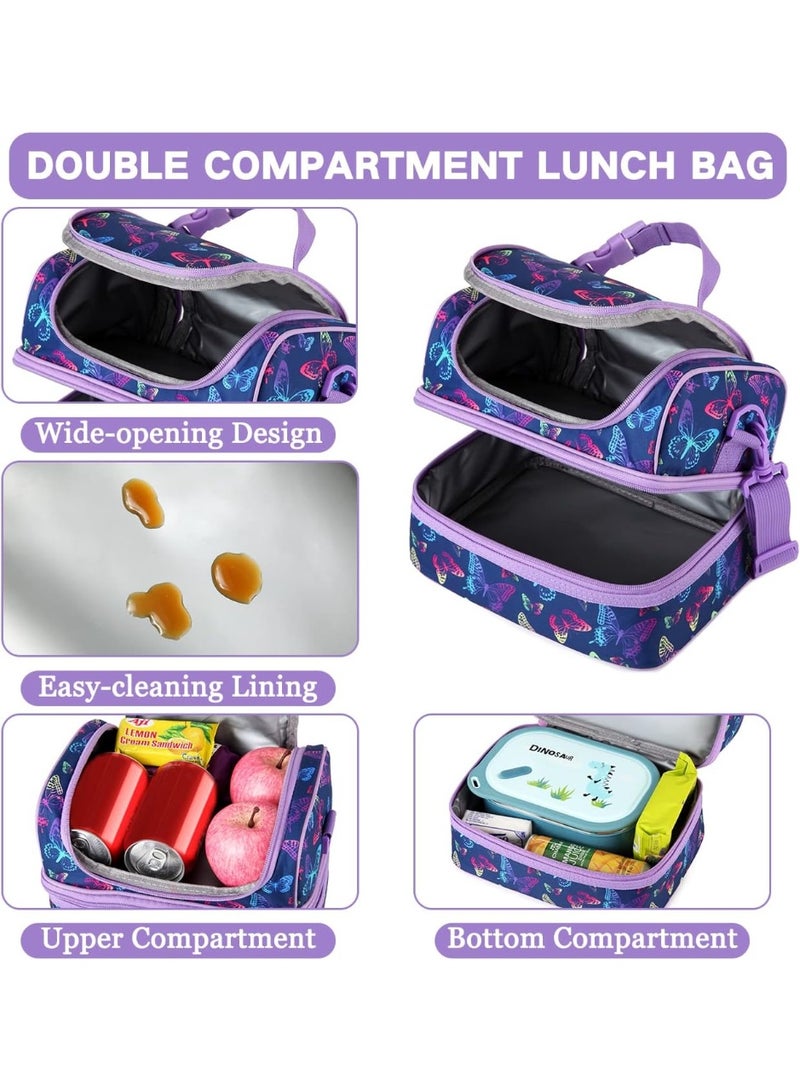 VASCHY Lunch Box Bag Kids, Insulated Two Compartments Cooler Bags for Boys Girls w Shoulder Strap for School,Daycare,Kindergarten Purple Butterfly - Image 3