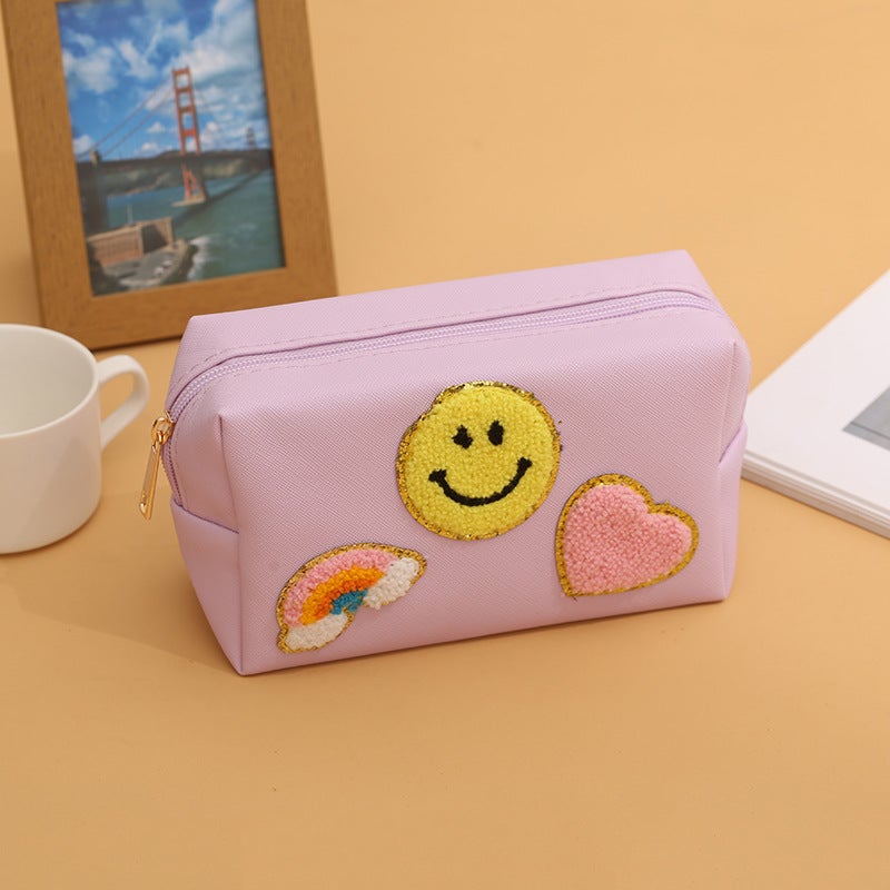 New Smiley Embroidered Towel Makeup Bag for WomenRainbow smile Taro purple Rainbow smile Taro purple