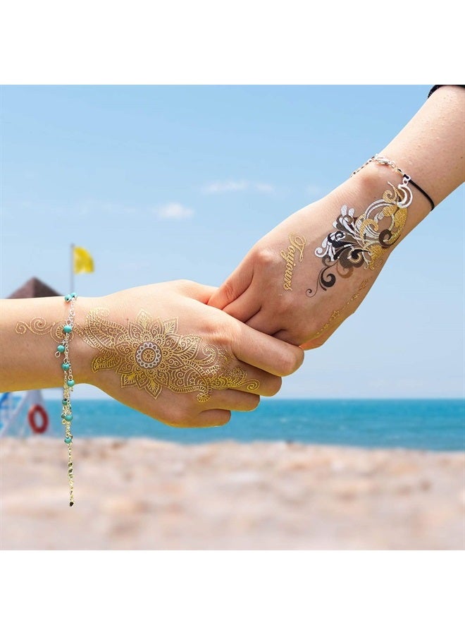 Aresvns Gold tattoo metallic 32 Sheets,Over 340+ Flash temporary tattoos for women teens girls kids,Waterproof flash henna tattoos,Glitter jewelry tattoos Christmas Gift - Image 3