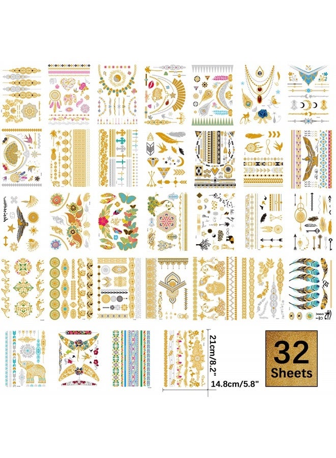 Aresvns Gold tattoo metallic 32 Sheets,Over 340+ Flash temporary tattoos for women teens girls kids,Waterproof flash henna tattoos,Glitter jewelry tattoos Christmas Gift - Image 1