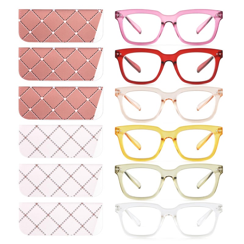 CHOFILORD 6 Pack Fashion Reading Glasses for Women Men Blue Light Blocking Oversized Square Readers with Spring Hinge (Mixed A1, 1.5, x) - Image 1