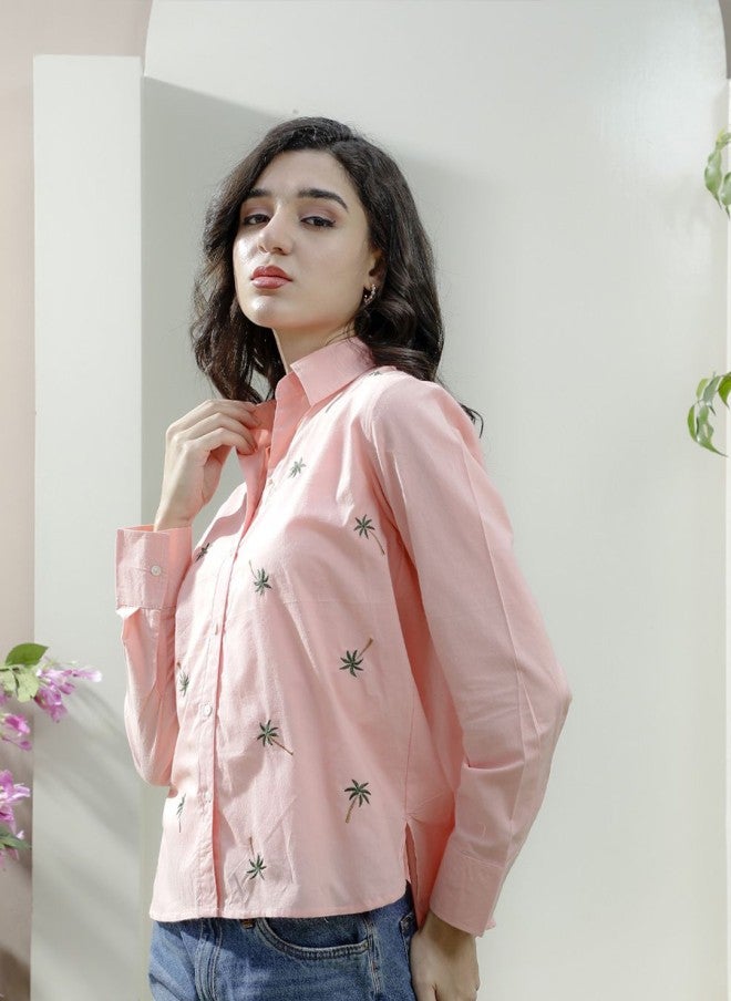 Athena قميص قطن وردي مزين بتطريز زهور للنساء - Image 3