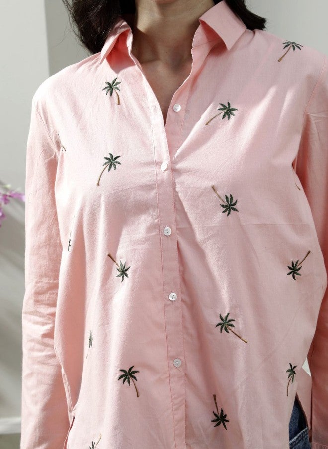 Athena قميص قطن وردي مزين بتطريز زهور للنساء - Image 2