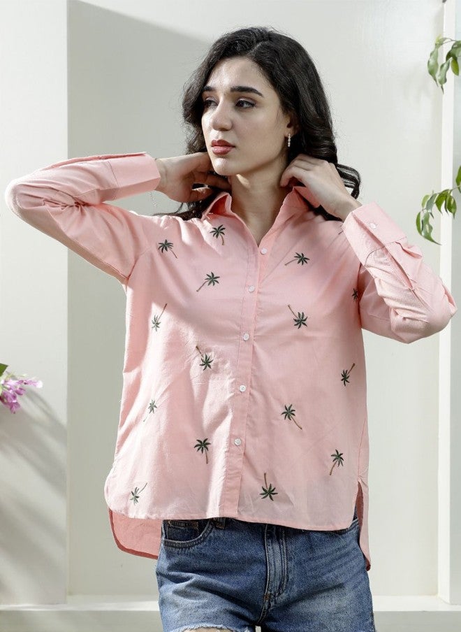 Athena قميص قطن وردي مزين بتطريز زهور للنساء - Image 1