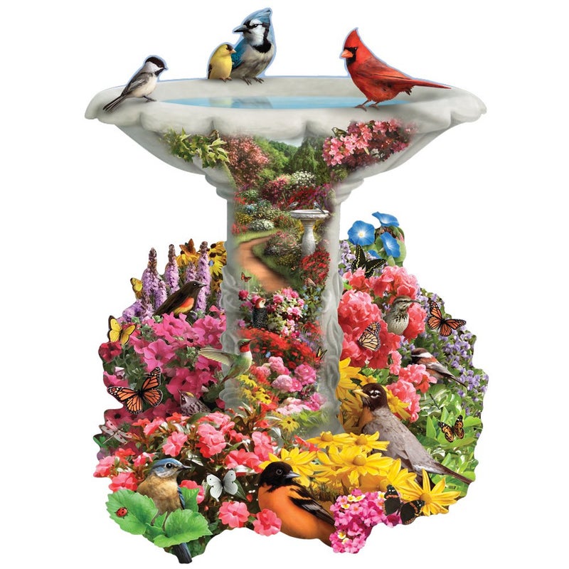 Bits and Pieces – 750 Piece Jigsaw Puzzle for Adults – Garden Birdbath, Busy Bird Fountain - by Artist Alan Giana, Completed Puzzle Size: 20" x 27" - Image 1