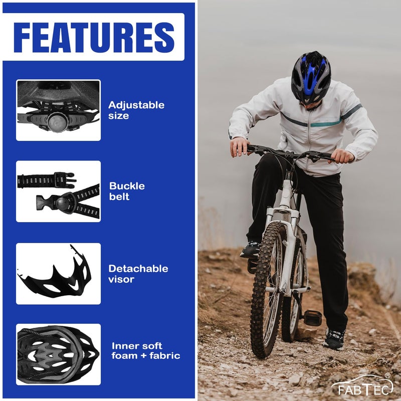 FABTEC خوذة دراجة هوائية وتزلج زرقاء-سوداء مع واقي وجه قابل للفصل | خوذة دراجة جبلية خفيفة الوزن مع غلاف مهوي، وحشوة ممتصة للصدمات، وحزام قابل للتعديل | مثالية للرجال والنساء والأطفال - Image 5