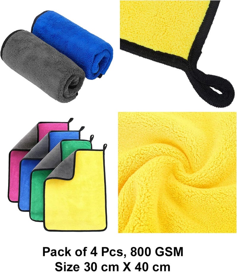 قماش مايكروفايبر MAX لتنظيف السيارات (800 GSM، عبوة من 4 قطع، مقاس 30 × 40 سم) منشفة مزدوجة الوجه، عالية الكثافة، سميكة إضافية فاخرة لتفاصيل السيارات والتنظيف والغسيل والتلميع، اللون: متعدد الأل��ان - Image 2