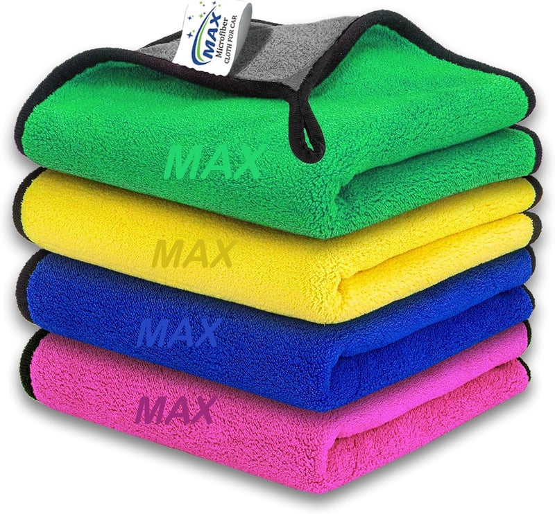 قماش مايكروفايبر MAX لتنظيف السيارات (800 GSM، عبوة من 4 قطع، مقاس 30 × 40 سم) منشفة مزدوجة الوجه، عالية الكثافة، سميكة إضافية فاخرة لتفاصيل السيارات والتنظيف والغسيل والتلميع، اللون: متعدد الأل��ان - Image 1