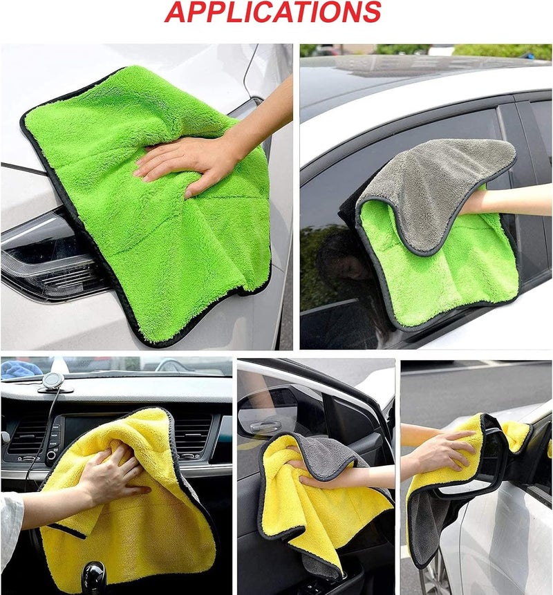 قماش مايكروفايبر MAX لتنظيف السيارات (800 GSM، عبوة من 4 قطع، مقاس 30 × 40 سم) منشفة مزدوجة الوجه، عالية الكثافة، سميكة إضافية فاخرة لتفاصيل السيارات والتنظيف والغسيل والتلميع، اللون: متعدد الأل��ان - Image 5