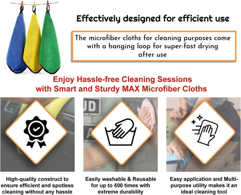 قماش مايكروفايبر MAX لتنظيف السيارات (800 GSM، عبوة من 4 قطع، مقاس 30 × 40 سم) منشفة مزدوجة الوجه، عالية الكثافة، سميكة إضافية فاخرة لتفاصيل السيارات والتنظيف والغسيل والتلميع، اللون: متعدد الأل��ان - Image 3