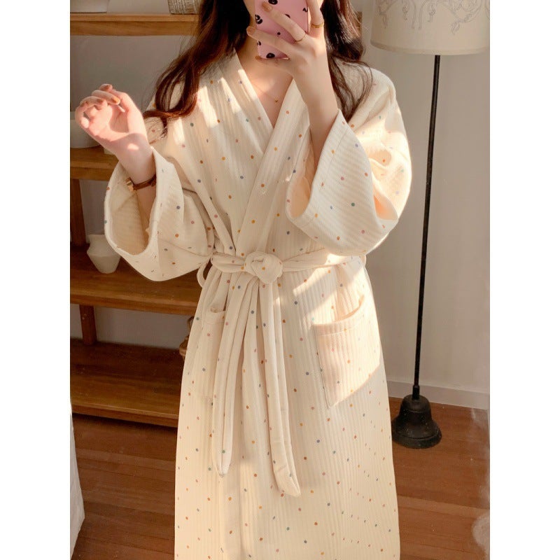 Korean Women's Winter Fleece-Lined Long Bathrobe with Polka Dots - Image 1