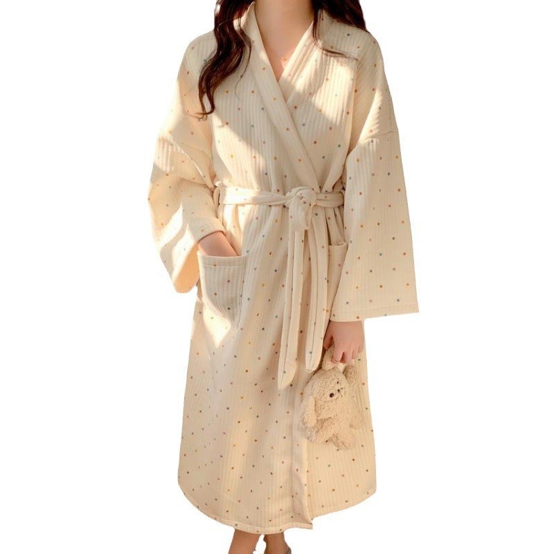 Korean Women's Winter Fleece-Lined Long Bathrobe with Polka Dots - Image 5