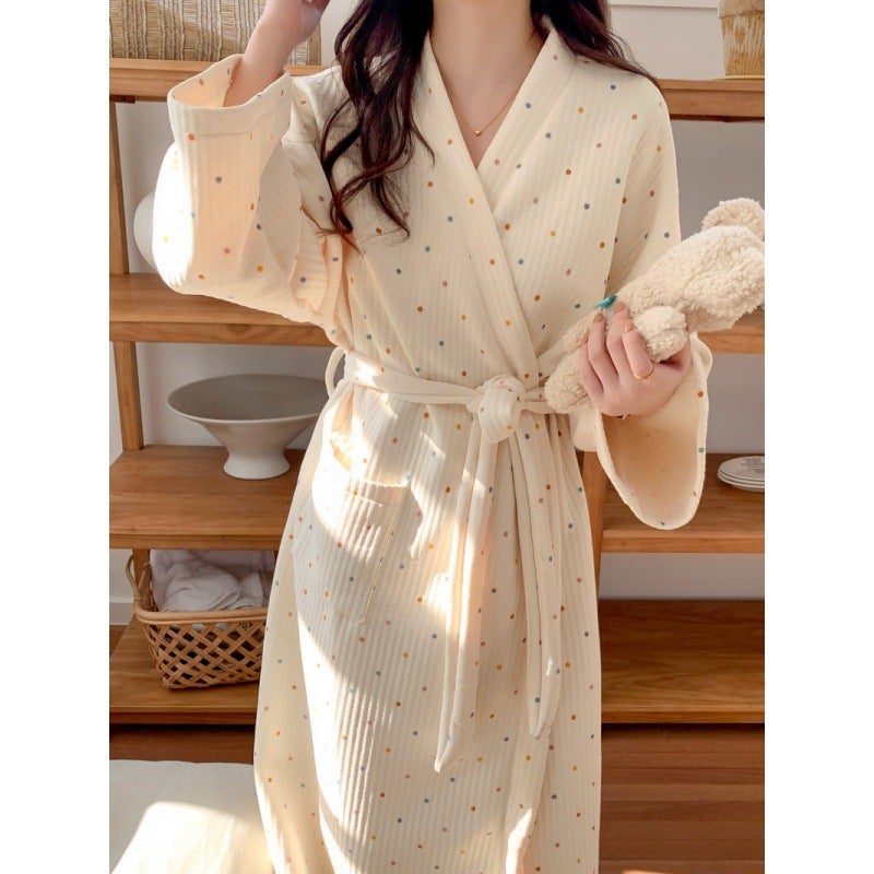 Korean Women's Winter Fleece-Lined Long Bathrobe with Polka Dots - Image 2
