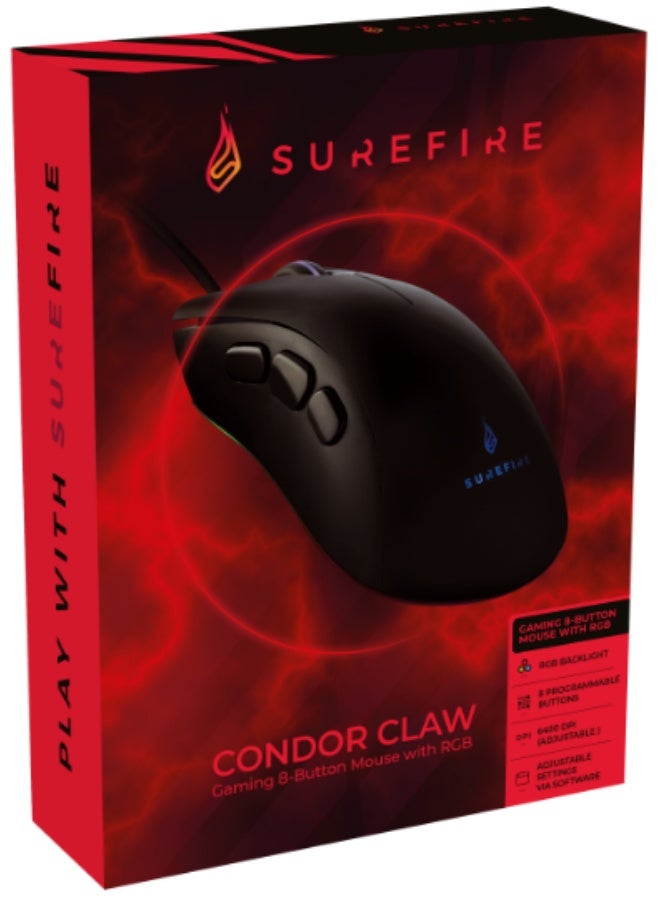 شور فاير ماوس الألعاب SureFire Condor Claw 8 أزرار I ماوس ألعاب I إضاءة RGB I ماوس كمبيوتر 6400 DPI I 8 أزرار قابلة للبرمجة I USB 3.2 GEN 1 و USB 2.0 I ويندوز، ماك وكونسول I مدعوم من Verbatim - Image 2