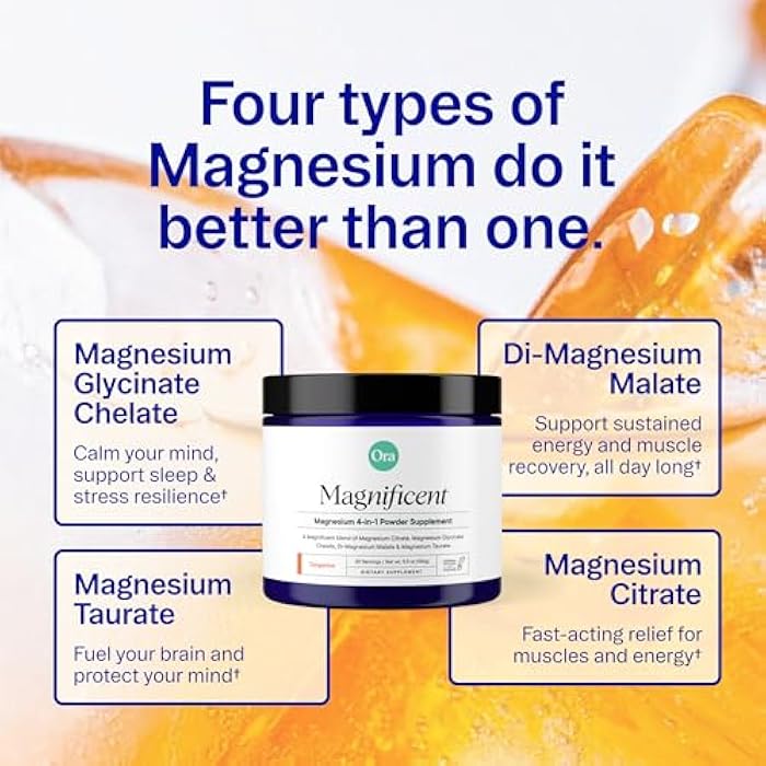 Ora Organic Magnesium Complex Powder Supplement - 4-in-1 Magnesium: Glycinate, Taurate, Malate & Citrate | Vegan, Gluten-Free | Tangerine Flavor | Calm Support for Sleep, Stress & Muscles | 30 Serving - Image 2