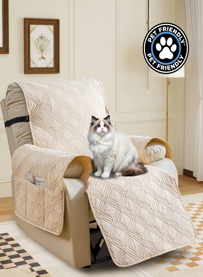 YUEANG Reversible Recliner Chair Cover, Waterproof Recliner Chair Covers with Pocket Washable Reclining Chair Cover Furniture Protector for Kids, Pets (23.6'', Cream) - Image 2