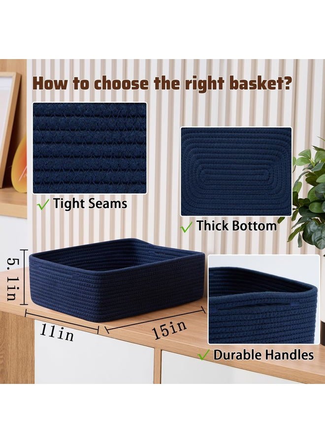 MiniArk Large Shallow Organizing Baskets 15x11x5.1 Inches - Rope Woven Storage Bins for Bathroom, Shelves, Cube Closet, Navy Blue 2 Packs - Image 2