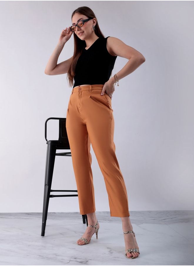 Freehand Women Straight Fit Solid Mid-Rise Front Pleate Tapered Elasticated Trousers  - Image 1