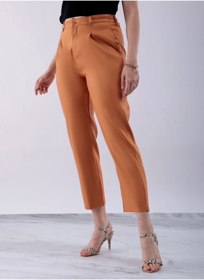 Freehand Women Straight Fit Solid Mid-Rise Front Pleate Tapered Elasticated Trousers  - Image 3