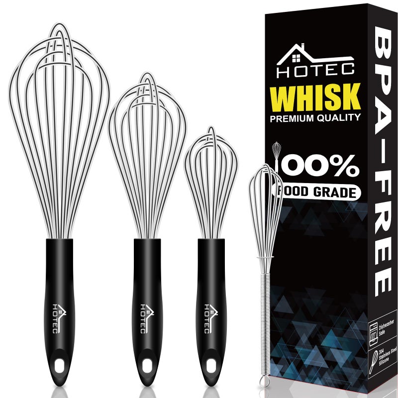 HOTEC 4 Pieces Stainless Steel Whisks Set, Wire Balloon Whisks Egg Beater, Thicken Wire &Non-slip Handle Whisk Perfect for Cooking, Stirring, Beating and Blending (Silver) - Image 1
